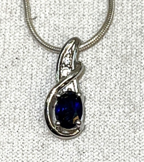 Stunning High Quality Sterling Pendant and Chain w/ Natural Sapphire deep blue color