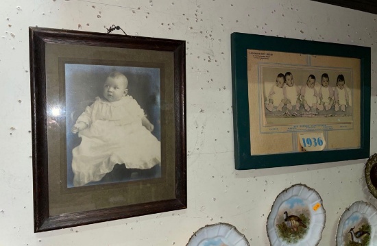 Framed Antique Black and White Baby Photo and 1936 Baby Calendar