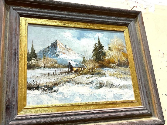 Vintage Oil Painting of Mountain and Cabin- Signed 24" x 19"
