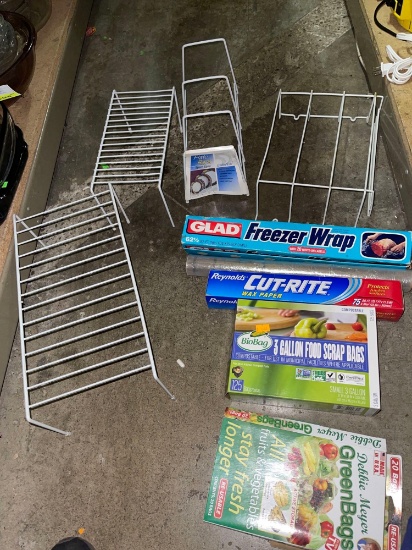 Metal Plate racks/ Organizers, Plastic wrap, Wax Paper and 3 Gal Food Scrap Bags
