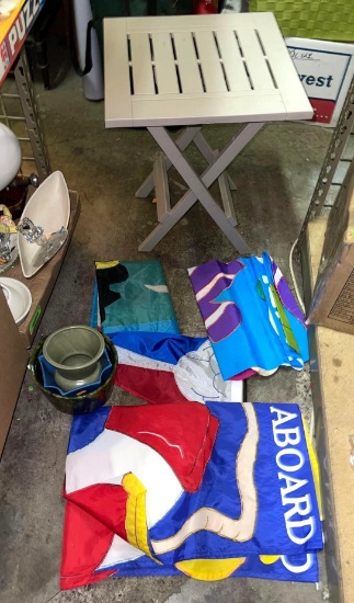 Small Outdoor Table, Flower Pots and Garden Flag