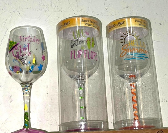 3 Hand Embellished Wine Glasses