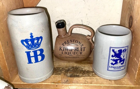 2 German Beer Mugs and Liquor Bottle