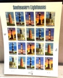 Full Sheet of US Postage Stamps South Eastern light Houses