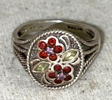 Sterling Silver Ring with Garnets and Peridot Gemstones