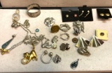 Lot of Vintage 1950-60 Jewelry Earrings, Pins, Pendants, Silver Napkin Ring, Silver Earring Singles