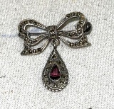 Sterling Silver Maracite Bowtie pin w/ Amethyst Pear shape Gemstone -not marked But tested