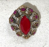 Turkish Cocktail ring Bronze and sterling Gemstone real ruby, White topaz size 10