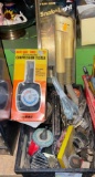 Crate with Hand Tools, Hardware, Compression Tester, Flexible Snake Flash Light etc