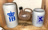 2 German Beer Mugs and Liquor Bottle
