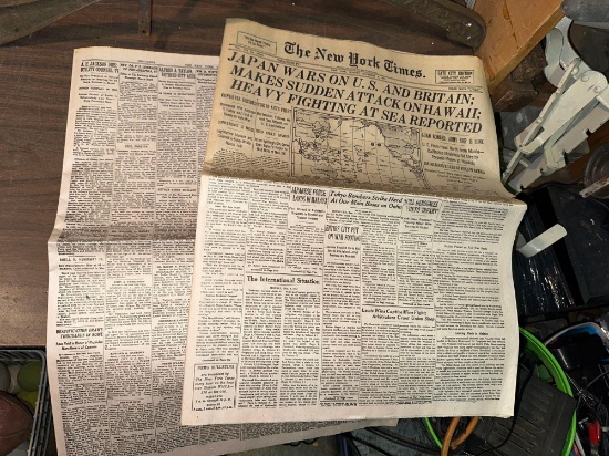 New York Times Newspaper from Dec. 8, 1941- The Day after Japanese Bombed Pearl Harbor