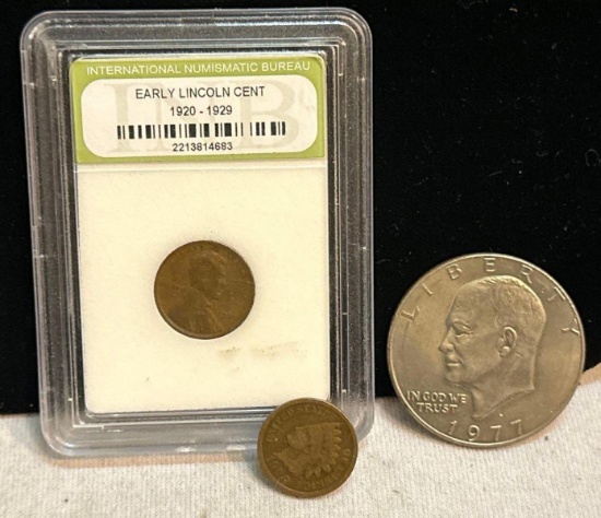 1977 US Dollar Coin, 1900 Indian Head Penny & 1920-29 Lincoln Penny