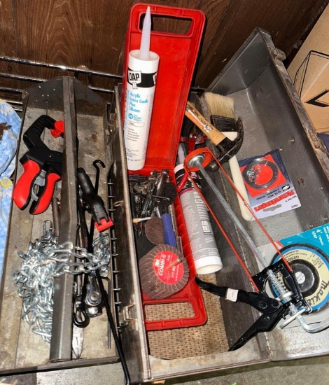 Tool Box and Contents- Grinding Wheels, Chain, Clamps Drill Bits and More