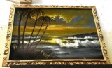 Vintage Hawaiian Sunset painting on Velvet with Carved wood Frame 33