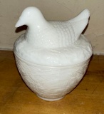 Milk Glass Cup with a Bird on Lid