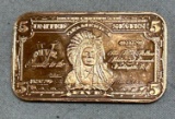 Pure Copper Bar Issued with Indian Chief Image Representing $5 Silver Certificate