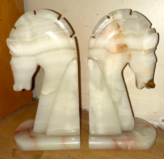 Pair of Alabaster Horse Bookends - 8" Tall- In Style of Art Deco- Great Look!
