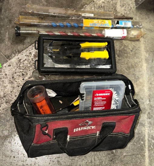 Husky Tool bag with Tools- Auger Bits, Stanley Rivet gun etc