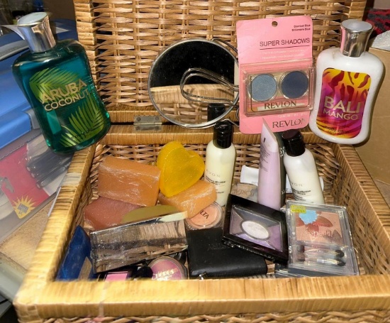 Basket full of Beauty Supplies- Lotion, Soap and makeup