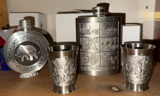 New in Box Oriental Pewter 2 Flasks and 2 Shot Glasses ( Ornate Design)