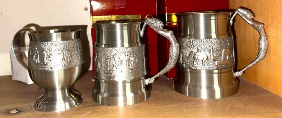 3 New in Box Oriental Pewter Mugs with Ornate Designs