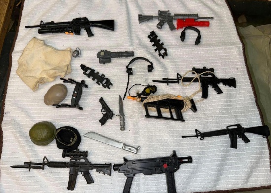 About 20 GI Joe Accessories Hats, Weapons, Jacket plus More