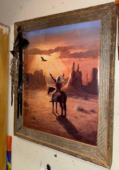Vintage M Caroselli Native American Indian Art with Feathers and Beads in wood frame 17" x 14"