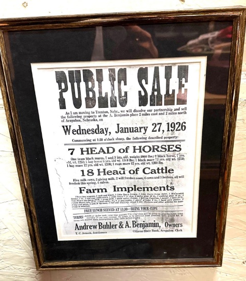 Vintage Framed 1926 Public auction Notice