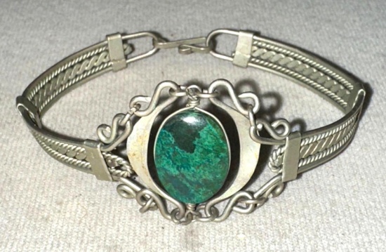 Scarce Late Victorian Era German Silver Bracelet w/malachite Gemstone