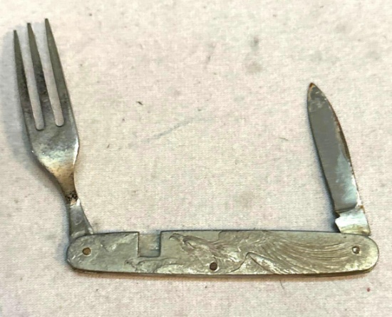 Very Unusual Pocket Knife with Fork and Flying Eagle Design