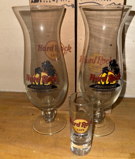 2 Hard Rock Hurricane Glasses from San Diego & Singapore & Shot glass from San Diego - All w/boxes