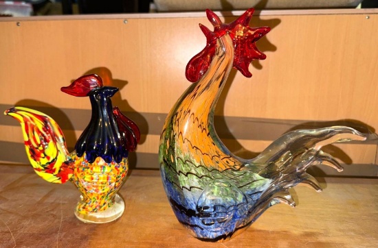 2 Blown Glass Roosters 10" Tall & 7" Tall