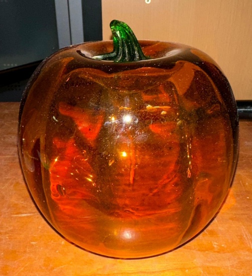 Amber Color Translucent Glass Pumpkin 7" Tall