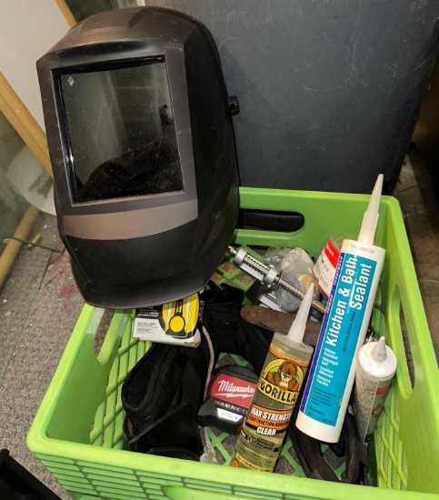 Crate Full of Tools- Welding Helmet, Milwaukee Tape Measure, Tool Belt, Clamp etc