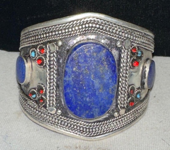 Turkman Tribal Cuff Bracelet with Lapis Center stone- Exquisite Workmanship