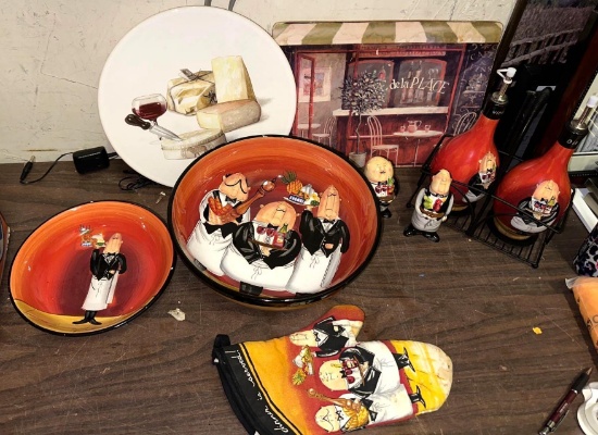 Chef Theme Kitchen items- Oil & Vinegar bottles, Bowl, Platters, S&P Shakers etc