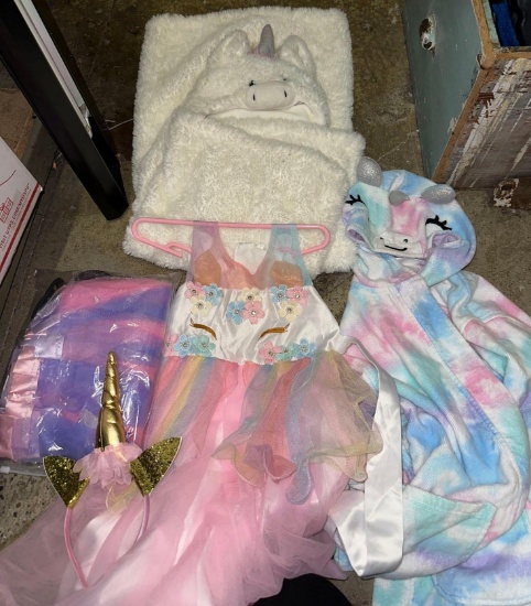 Little girl Unicorn Lot- Dress, hooded Towel, Hooded Blanket, and More