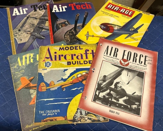 6 Old Plane Magazines- Air Tech, Air-Age, Air Craft and Air force - 1936-1945