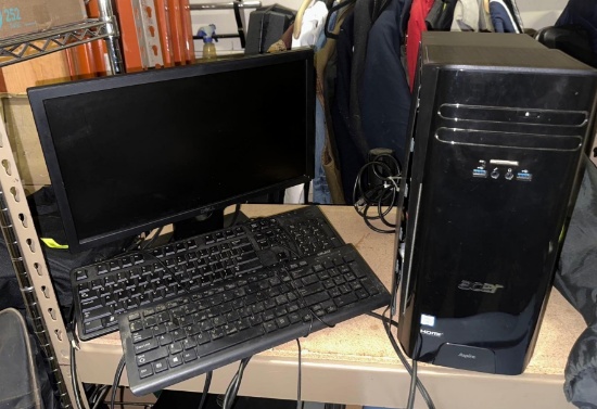 Acer Aspire Computer Tower, dell Monitor and 2 Keyboards
