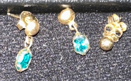 Three 12kt Gold Earrings - Pair with Emerald Gemstones and 1 Ball stud