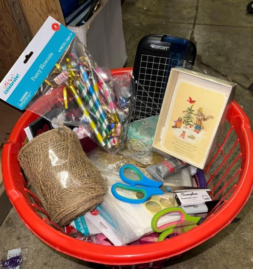 Basket of Craft Supplies- Paper Cutter, Sharpies, Balloons, Cards and more- new/like new