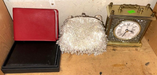 Vintage Beaded Purse, Crystal clock and 2 Leather Cover Photo albums