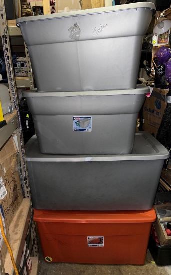 4 Large Storage Bins with Lids - 45 Galloons (1 on wheels) and 30 Galloons