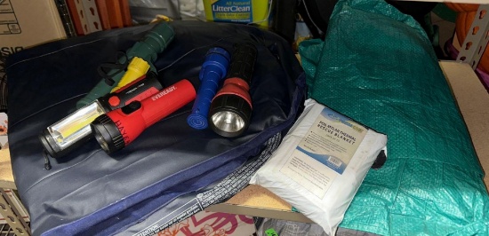 Tarp, Air Mattress, Foil Thermal Rescue Blanket and Flash lights