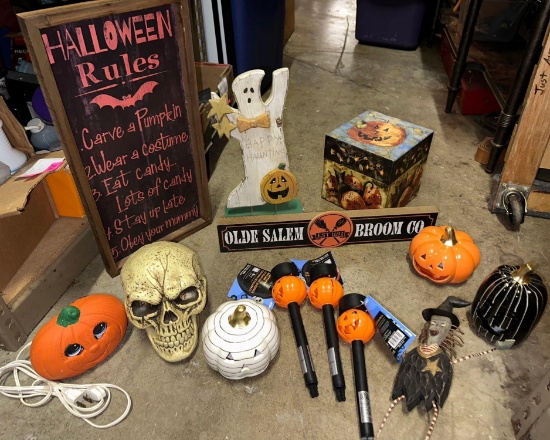 Halloween Lot- Signs, Skull, Light up pumpkins, Solar Lights etc
