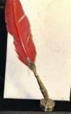 Ornate Silver Plate Pen and ink well with Red Feather and Additional Feathers