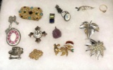 Jewelry Tray w/ Pins, Pendants, Buckle, 10k Gold ring size 8 & Sterling silver Amethyst Pendant