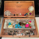 Lane Cedar Jewelry box with unsorted Jewelry w/ vintage brooches, gemstones etc