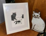 Framed Cat Art work and Ceramic Cat Wall Hanging