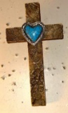 Christian Cross with Turquoise Heart 7 1/2